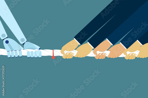 Tug of war between businessmen and a robot