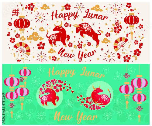 Happy chinese new year 2021 Zodiac sign, year of the ox, red and gold paper cut ox character, flower and Asian elements with craft style on background, Christmas taming for Asian new year, greeting ca