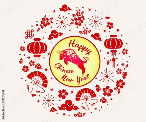 Happy chinese new year 2021 Zodiac sign, year of the ox, red and gold paper cut ox character, flower and Asian elements with craft style on background, Christmas taming for Asian new year, greeting ca