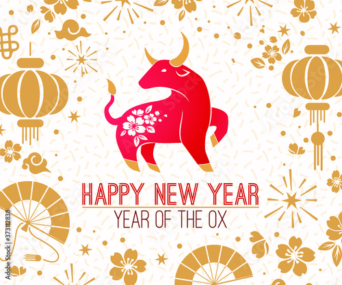 Happy chinese new year 2021 Zodiac sign, year of the ox, red and gold paper cut ox character, flower and Asian elements with craft style on background, Christmas taming for Asian new year, greeting ca