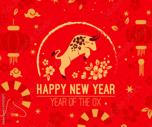 Happy chinese new year 2021 Zodiac sign, year of the ox, red and gold paper cut ox character, flower and Asian elements with craft style on background, Christmas taming for Asian new year, greeting ca