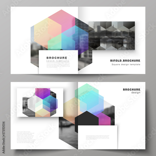 Vector layout of two covers templates with colorful hexagons, geometric shapes, tech background for square design bifold brochure, flyer, magazine, cover design, book design, brochure cover.