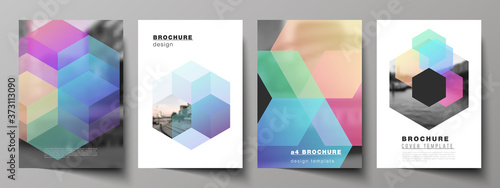 Vector layout of A4 format cover mockups design templates with colorful hexagons, geometric shapes, tech background for brochure, flyer layout, booklet, cover design, book design, brochure cover.