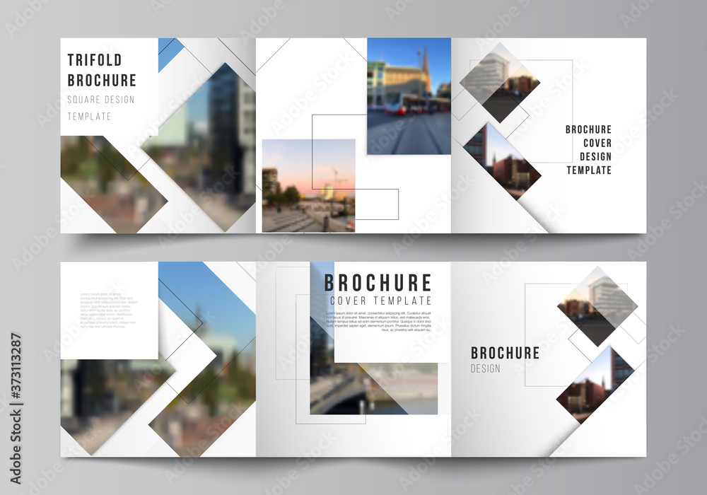 Vector layout of square format covers design templates with geometric simple shapes, lines and photo place for trifold brochure, flyer, magazine, cover design, book, brochure cover.