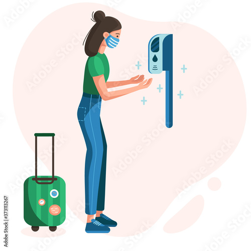 Vector illustration. coronavirus, COVID-2019. Hand disinfection. Sanitary protection measures at the station. A girl in a medical mask with luggage uses a sanitizer. Safe travel
