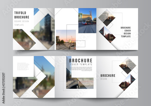 Vector layout of square format covers design templates with geometric simple shapes  lines and photo place for trifold brochure  flyer  magazine  cover design  book  brochure cover.