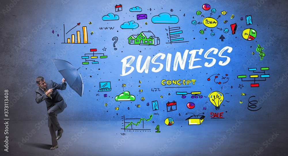 Determined businessman hiding behind umbrella with BUSINESS inscription, new business concept Determined businessman hiding behind umbrella with BUSINESS inscription, new business concept