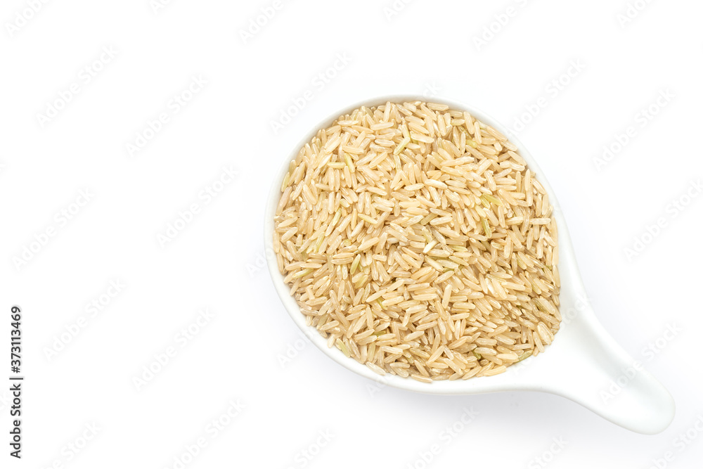 Brown rice ( coarse ,unpolished or half milled rice) in bowl isolated on white background.
