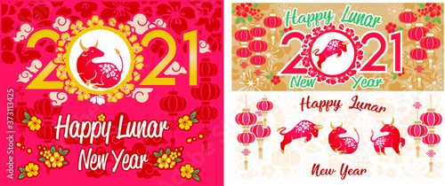 Happy chinese new year 2021 Zodiac sign, year of the ox, red and gold paper cut ox character, flower and Asian elements with craft style on background, Christmas taming for Asian new year, greeting 