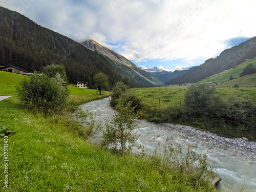 View to Tuxertal valley with Tux river and Zillertal alps near village Juns and Hintertux glacier in summer  Tirol Austria Europe