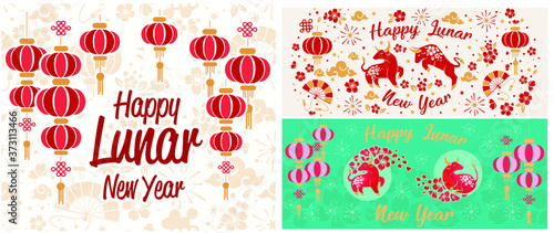 Happy chinese new year 2021 Zodiac sign, year of the ox, red and gold paper cut ox character, flower and Asian elements with craft style on background, Christmas taming for Asian new year, greeting 
