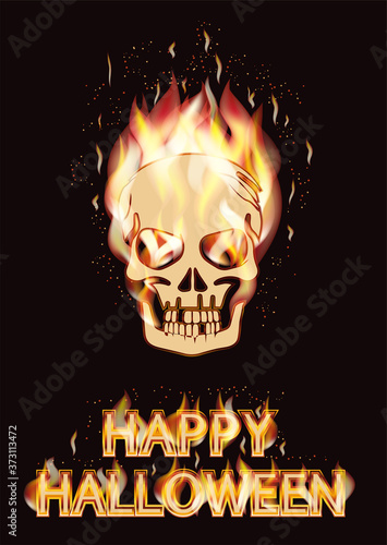 Burning Skull Happy Halloween card, vector illustration