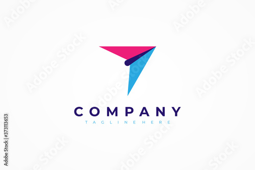 Right Arrow Logo. Red and Blue Geometric Paper Plane Arrow Up Origami Style isolated on White Background. Usable for Business and Delivery Logos. Flat Vector Logo Design Template Element