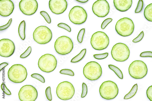 Green aloe vera and cucumber sliced pattern texture for background.