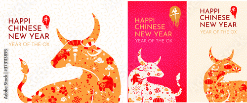 set Happy chinese new year 2021 Zodiac sign, year of the ox, background - template design for poster, banner, social media post. set of design design for instagram stories, suitable for postcards, 
