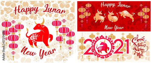 set Happy chinese new year 2021 Zodiac sign, year of the ox, red and gold paper cut ox character, flower and Asian elements with craft style on background, Christmas taming for Asian new year, greetin