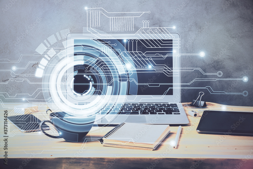 Double exposure of desktop computer and technology theme hologram. Concept of software development. Double exposure of desktop computer and technology theme hologram. Concept of software development.