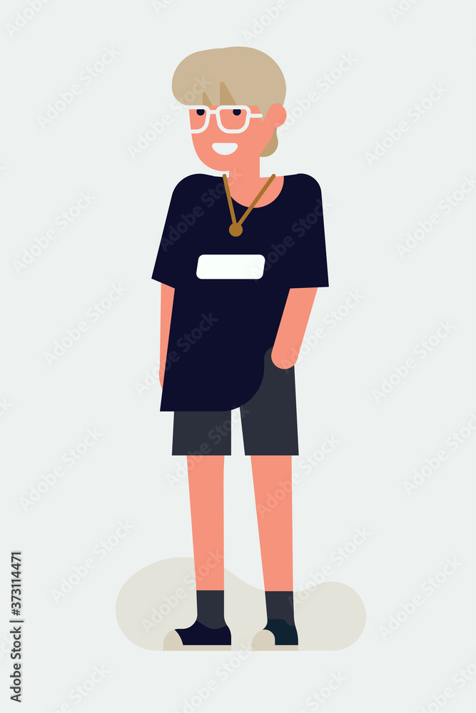 Cool vector flat character design on casually clothed cheerful millennial student.  Aesthetics fashion concept illustration with young adult man standing full length wearing black shorts and t-shirt