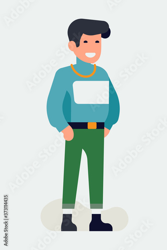 Aesthetics fashion concept illustration with young adult man standing full length wearing loose sweater and ankle length pants