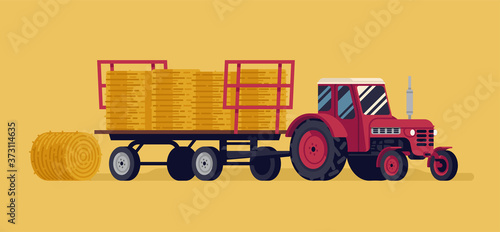 Baling process vector flat style illustration with red tractor pulling an articulated trailer loaded with round hay bales. Agriculture and farming concept design