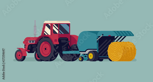 Baling process vector flat style illustration with red tractor pulling round baler with hay bale rolling out. Agriculture and farming concept design photo