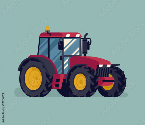 Modern farm field compact tractor vector agricultural design element. Farming heavy machinery vehicle. Four wheel drive tractor in flat design