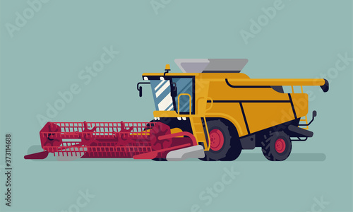 Modern combine harvester with grain crops header. Farming and agriculture heavy machinery equipment vector illustration