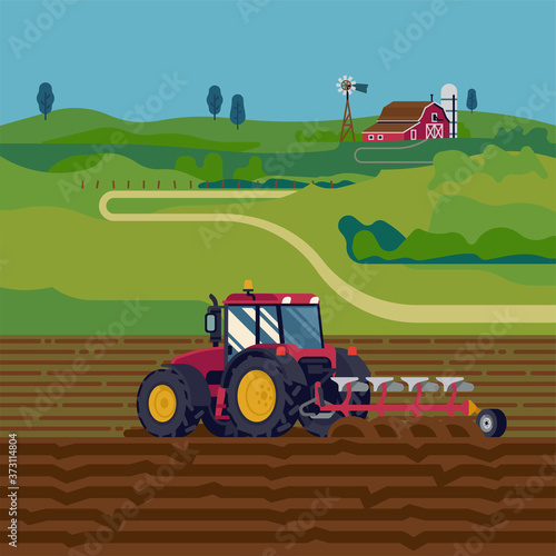 Cool vector flat illustration on farming with tractor plowing a field with reversible plow and a farm in the distance. Field soil ploughing process vector flat style concept