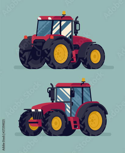 Farming heavy machinery vehicle vector concept. Four wheel drive tractor in flat design, from different angles. Modern farm field compact tractor vector agricultural design element