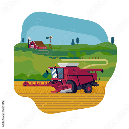 Arable field scenery with heavy machinery, red barn and green fields on background. Lovely flat design vector illustration on farming and agriculture with combine harvester harvesting grain crops