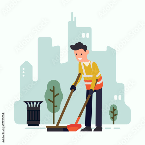 City street sweeper character at work. Vector concept illustration on municipal street cleaning