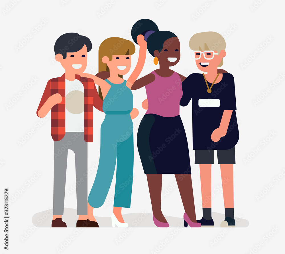 Cool vector flat design illustration on youth friendship and student community. Group of university classmates standing together vector concept