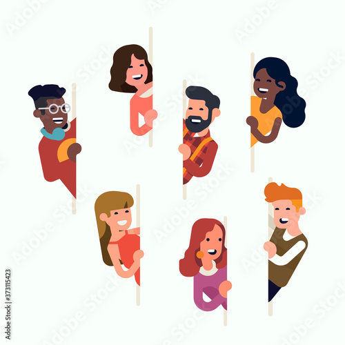 Set of flat vector cheerful characters peeking from behind blank banner or container. Diverse people, men and women popping out from side
