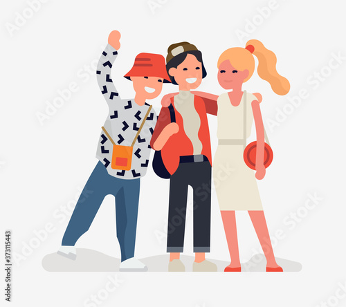 Three best friends standing together. Trendy flat style vector character design on classmates, student community and youth with young cheerful adult people holding each other