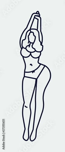 Vector flat linear monoweight stroke illustration on abstract female body..Minimalist design element on beautiful woman in stretching pose wearing underwear