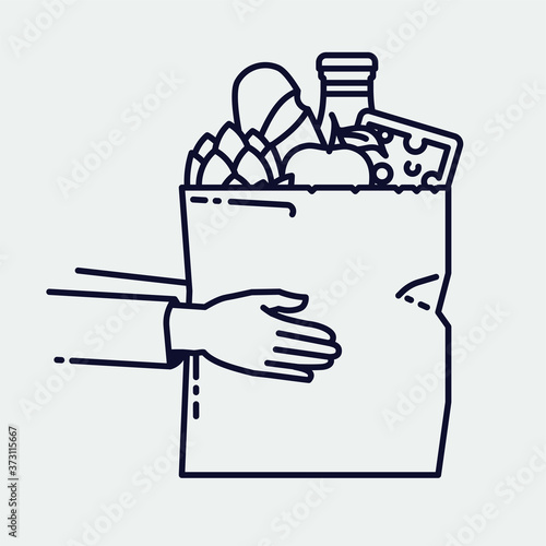 Cool vector flat line monoweight stroke concept on grocery store and food delivery with hands holding a paper shopping bag full of goods and products