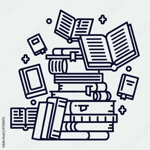 Cool vector flat line monoweight stroke illustration on reading with abstract pile of books and flying around open and closed books. Knowledge, learning and education linear concept design