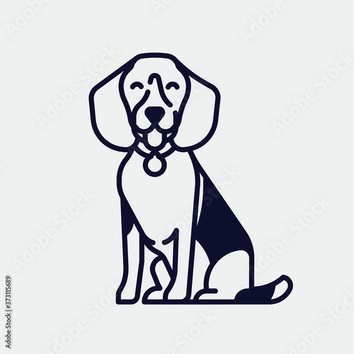 .Quality beagle hound dog vector monoweight stroke linear illustration, badge, insignia or label. Happy beagle sitting and smiling