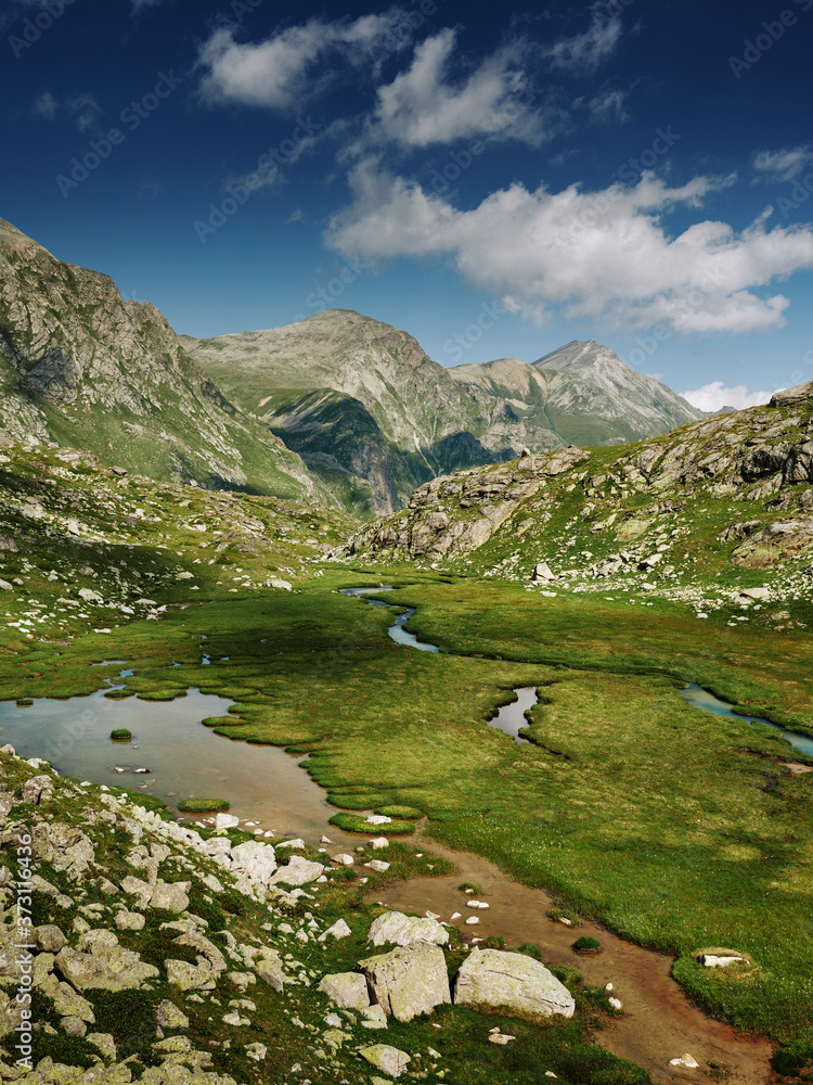 Majestic mountains landscape with river, rocky hills and green grassy valley. Beautiful wild nature