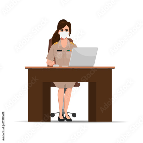 Thai teacher in uniform working with laptop at desk. New normal lifestyle government character.