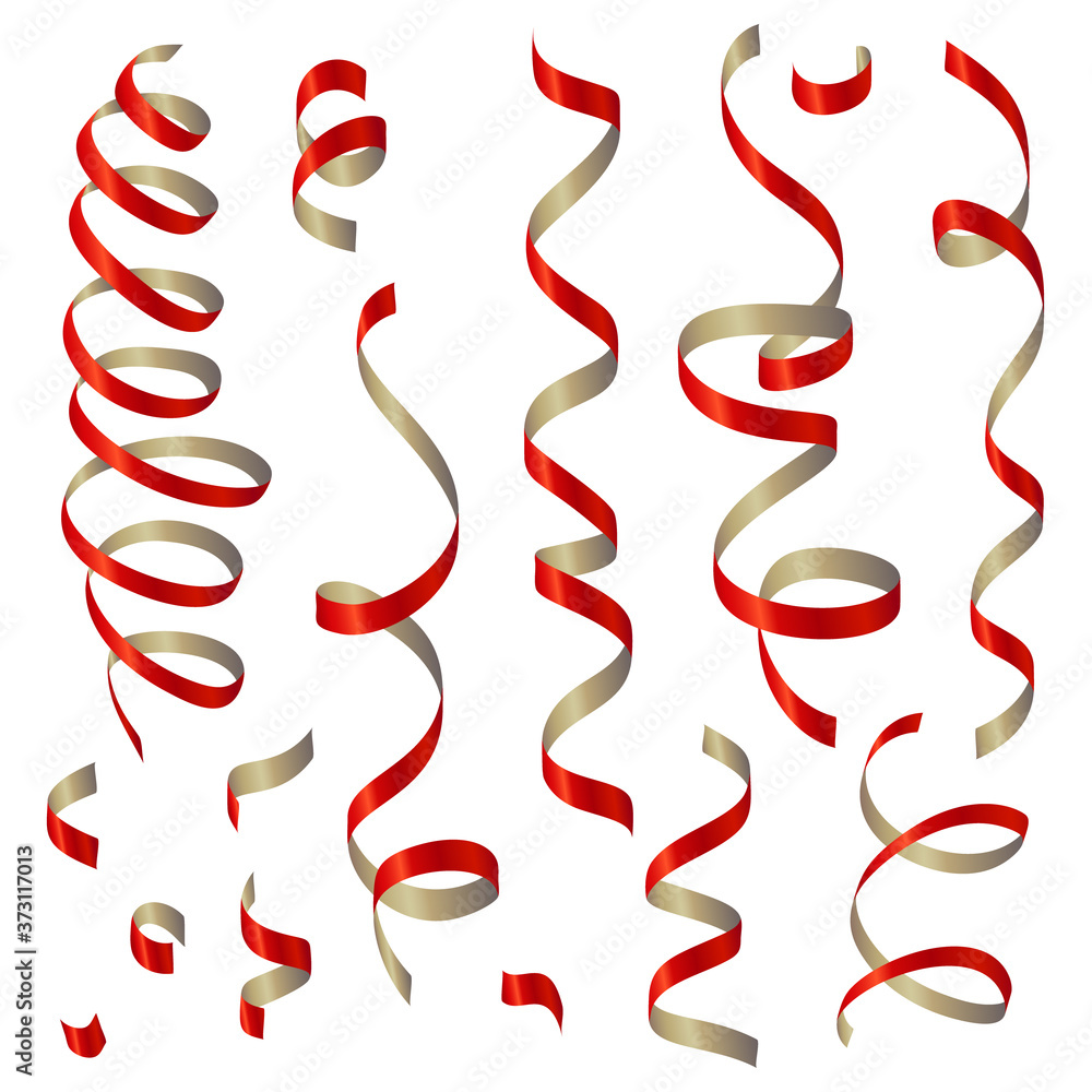 Red shiny gradient twisted ribbons set. Decoration for carnival party, holiday event, birthday, Valentines day, New Year, Christmas, Wedding ceremony. Vector illustration Red shiny gradient twisted ribbons set. Decoration for carnival party, holiday event, birthday, Valentines day, New Year, Christmas, Wedding ceremony. Vector illustration