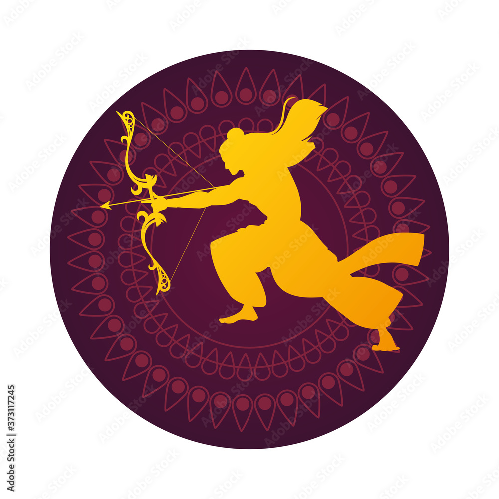 Fototapeta premium lord ram with bow and arrow gold silhouette in purple mandala vector design