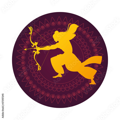 lord ram with bow and arrow gold silhouette in purple mandala vector design