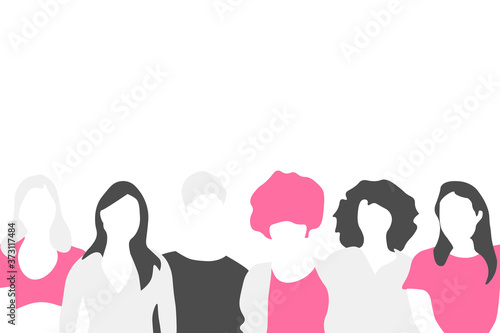 Women horizontally seamless pattern. Repetitive vector illustration of pink black white coloured women side by side. Women's Month, International Women's Day, Freedom, Independence, Equality. 
