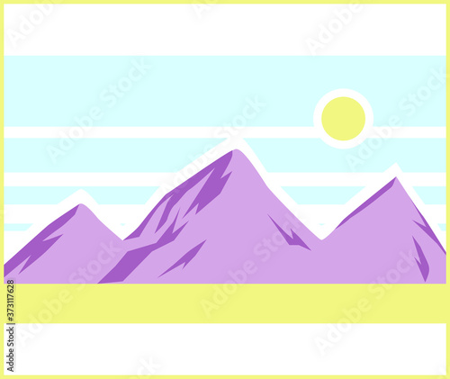 Mountains and sun. Card vector illustration. Stylized environment  wild view image. Print design element. Landscape for backgrounds.