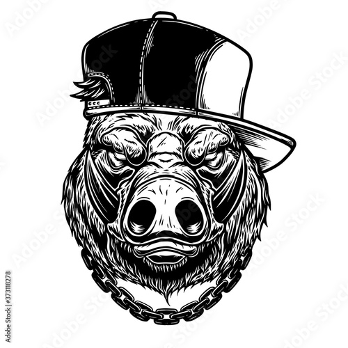 Illustration of head of boar in baseball cap in vintage monochrome style. Design element for logo, emblem, sign, poster, card, banner. Vector illustration