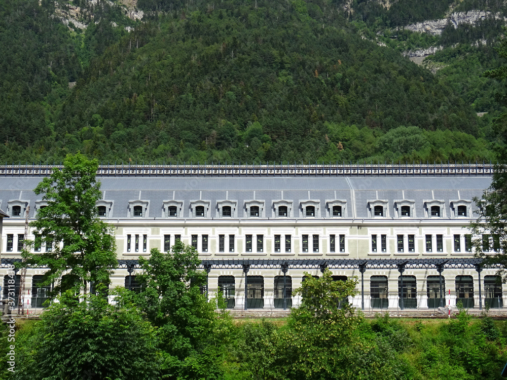 Partial view of the huge Railway Station of Canfranc. Pyrenees Mountains. Aragon. Spain.   