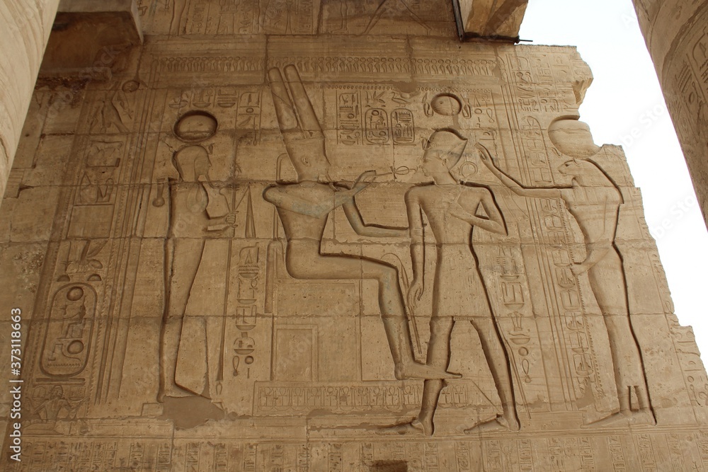 Beautiful wall carving of king Ramses in Ramesseum temple in Egypt