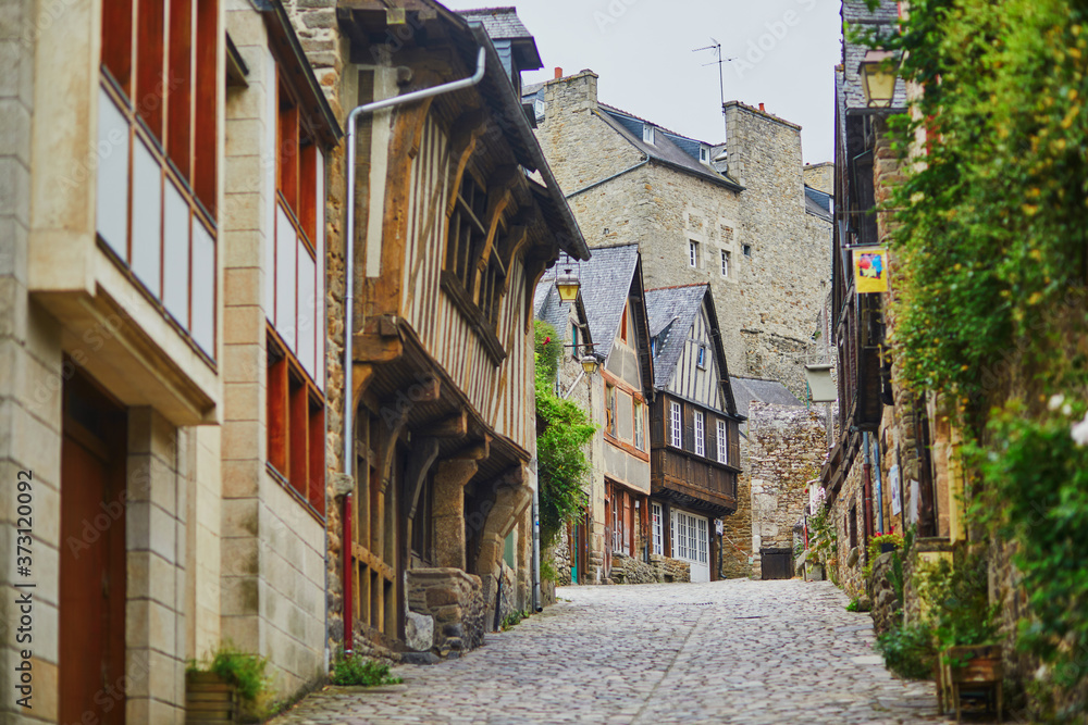Rue de Jerzual, one of the most beautiful streets in Dinan, Brittany, France