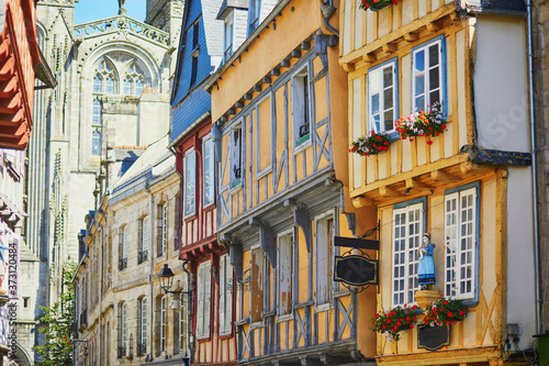 Beautiful half-timbered buildings in medieval town of Quimper, France
